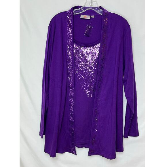 NWOT Quacker Factory Women’s 1X Purple Long Sleeve Open Front Cardigan Tank Set - Picture 1 of 7